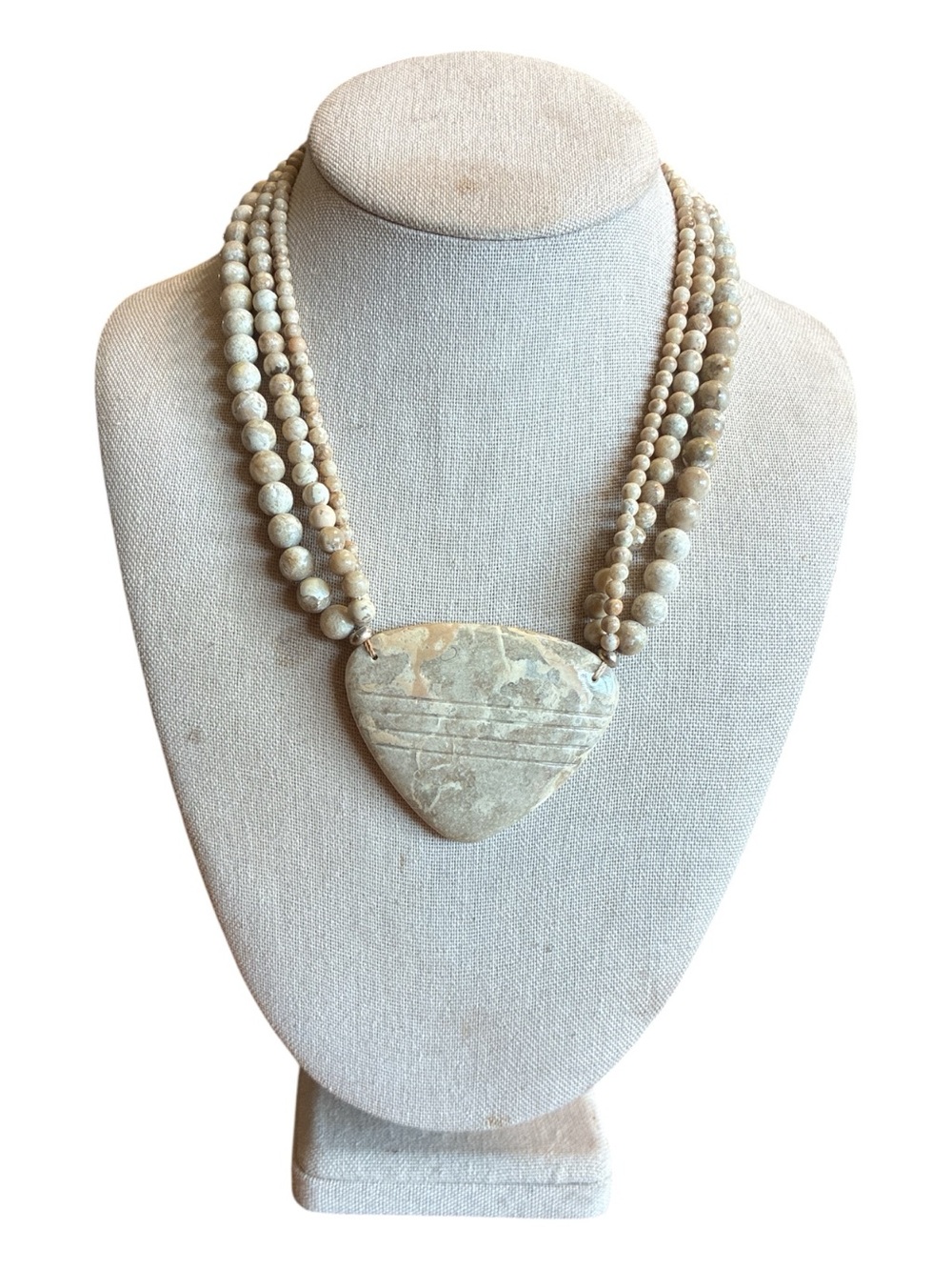 Beige Stone Pendant Triple Strand Necklace